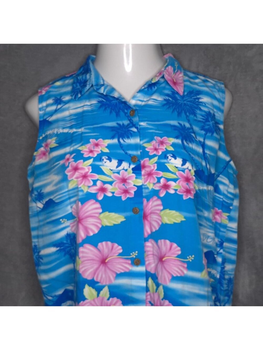 Big Dogs Hawaiian Sleeveless Button-Up Shirt Large Blue Pink Floral